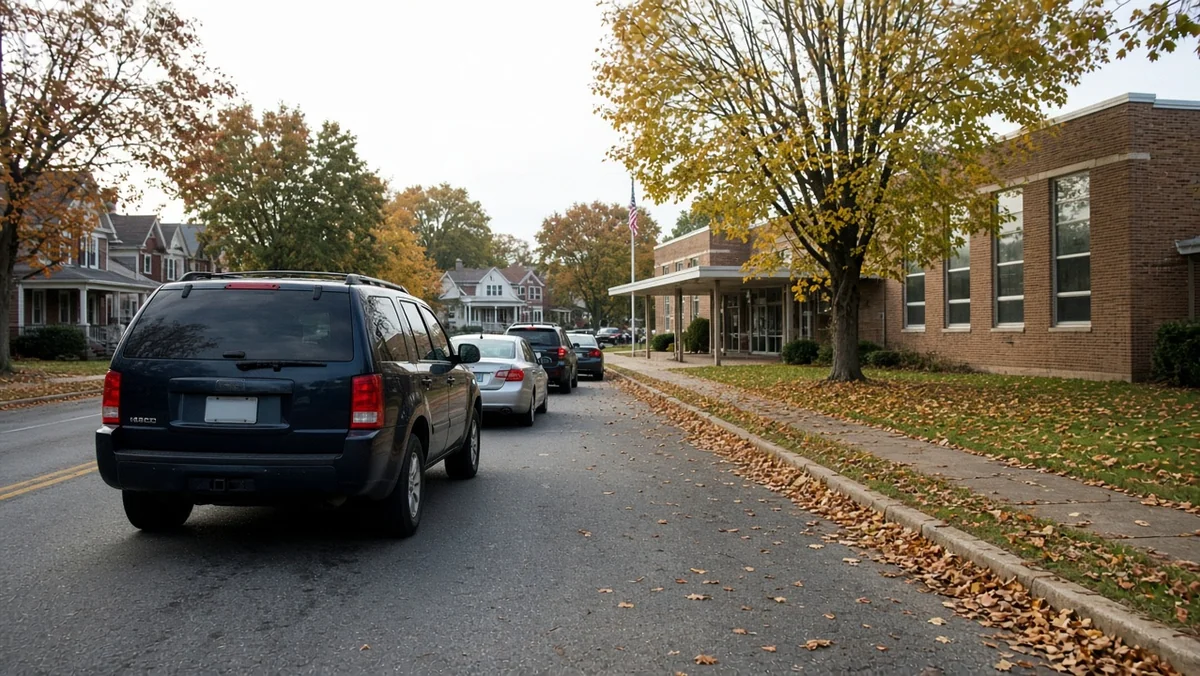 Parents in a school pickup line illustrating Amherst schools busing cuts ahead of the Nov. 3 levy
