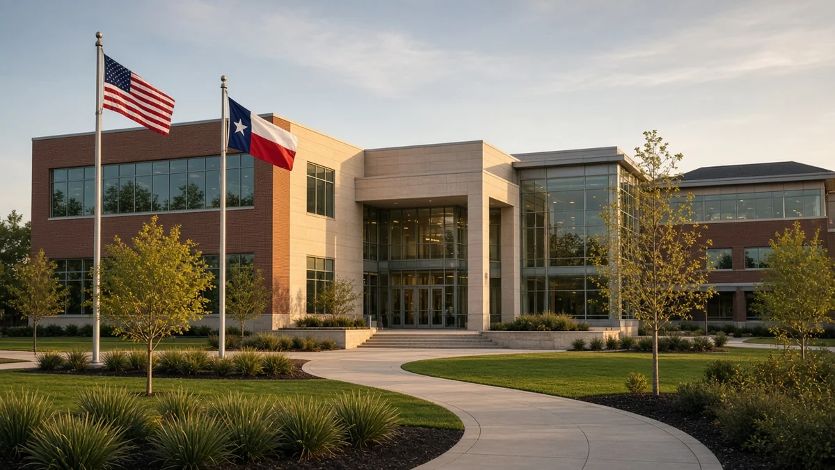 Texas city hall civic building exterior with U.S. and Texas flags