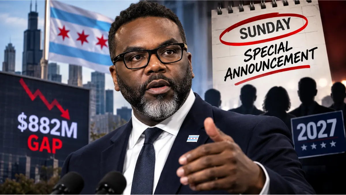 Chicago skyline at dusk illustrating Mayor Brandon Johnson’s Sunday special announcement and 2027 reelection watch
