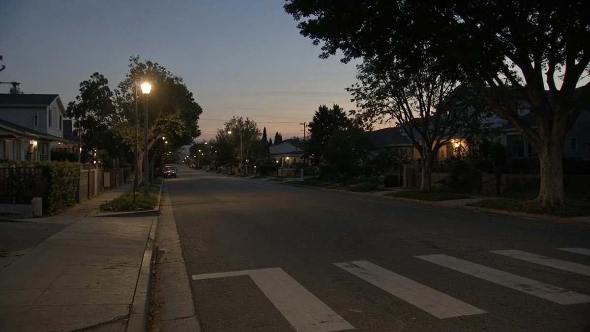 Quiet California residential street and crosswalk after Braun's Law DUI signing