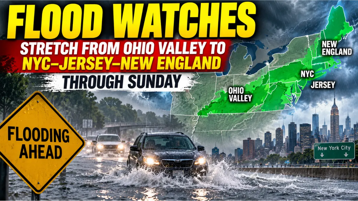 Rain-slick city street under gray skies during a regional flood watch from the Ohio Valley to New York