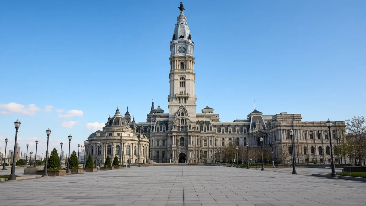 Philadelphia City Hall exterior on a clear day representing city data center policy debate
