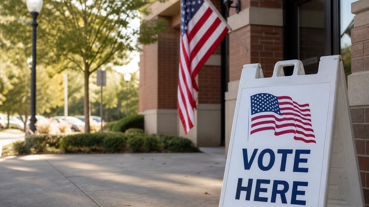 Rhode Island primary vote here sign outside a polling place