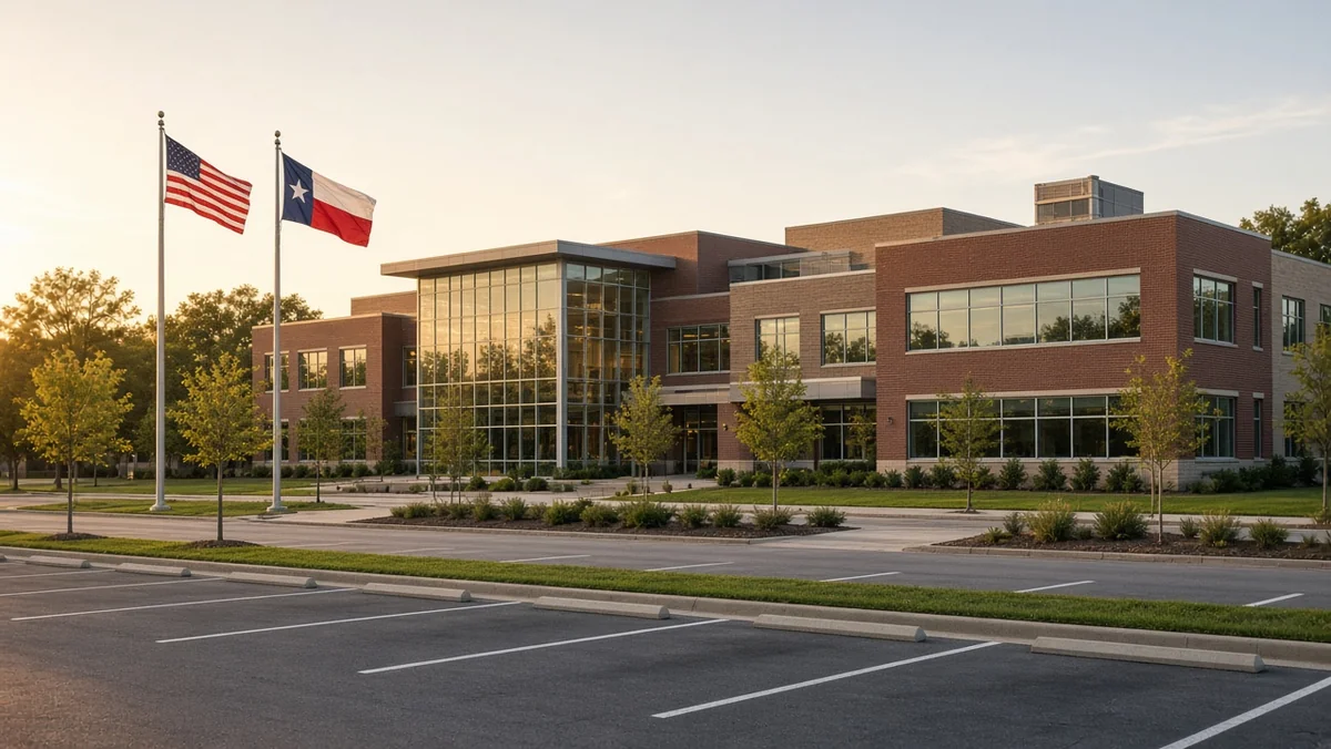 Modern Texas public school campus exterior with U.S. and Texas flags