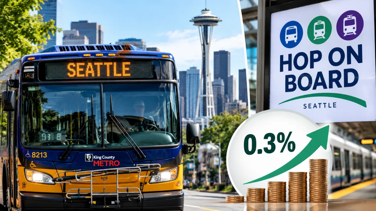 City bus on a rainy Seattle street illustrating the Hop On Board Transit Measure campaign