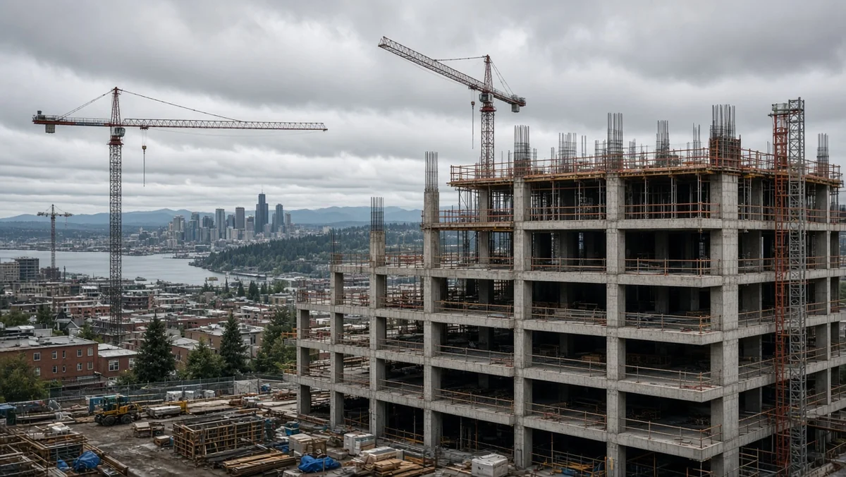 Apartment construction site in Seattle illustrating the Mandatory Housing Affordability fee holiday debate