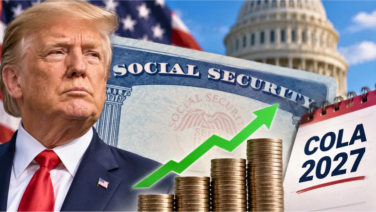 Abstract navy-and-gold benefit card showing Social Security COLA 2027 estimates after August inflation data