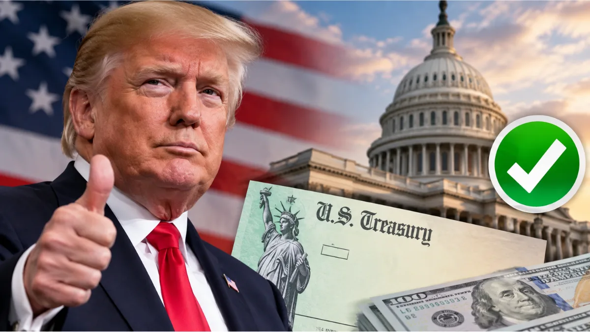 Trump Dividend Checks Congressional Approval — Donald Trump with the U.S. Capitol, a U.S. Treasury check, dollar bills, and an approval symbol.