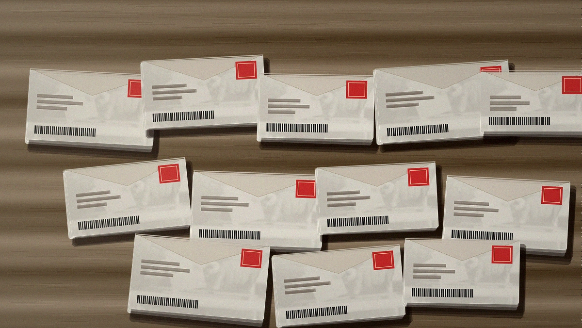 USPS mail ballot rule stacks of official absentee ballot return envelopes on a sorting table